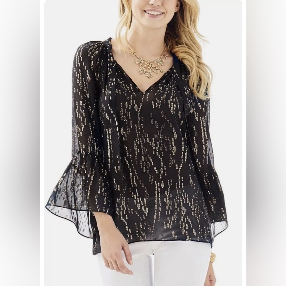 LILLY PULITZER MATILDA METALLIC SILK CLIP TOP IN SHIRAZ FISH CLIP CHIFFON XS